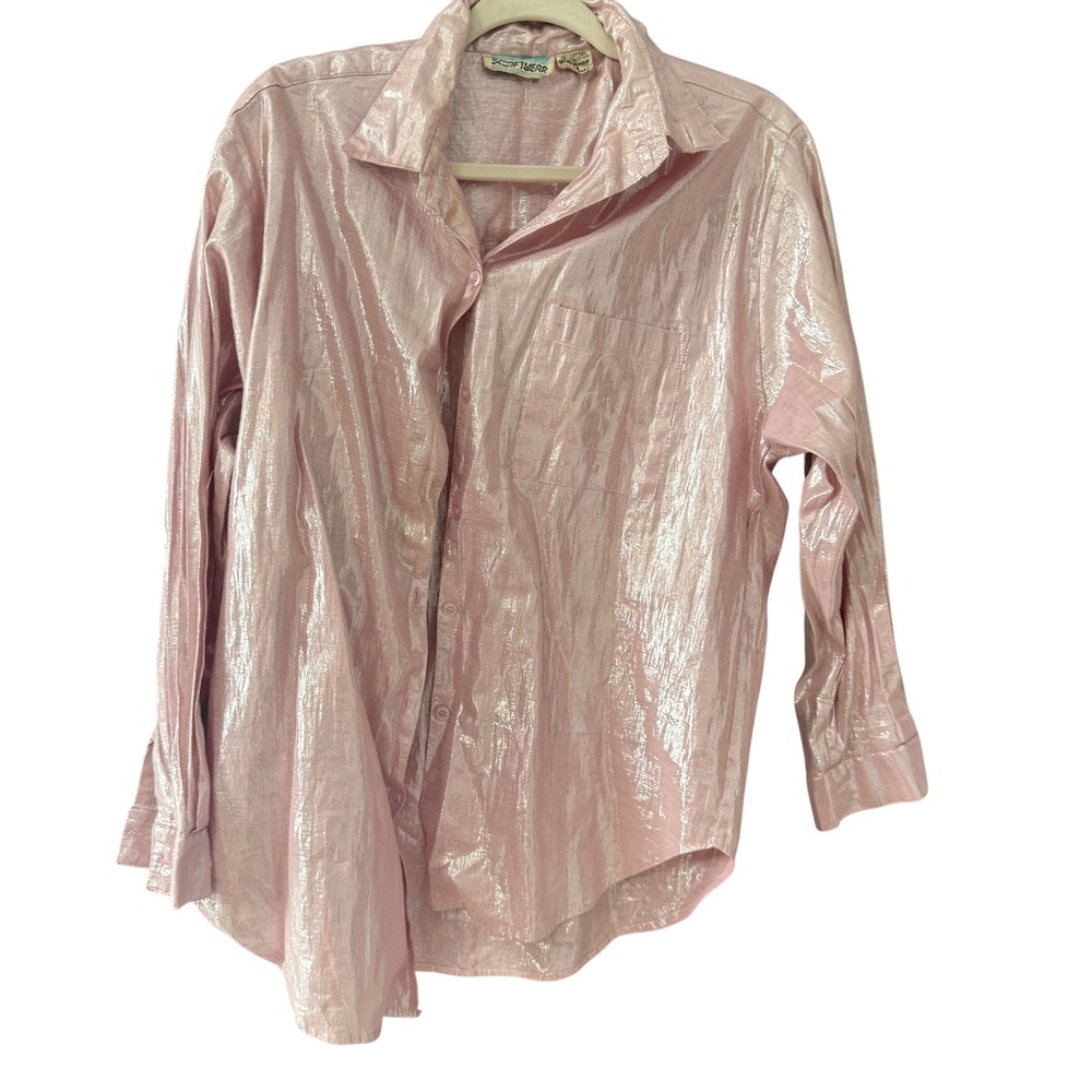 Softwearβ Vintage 70s Disco Retro Pink Metallic Shimmer Button Up Shirt Womens M